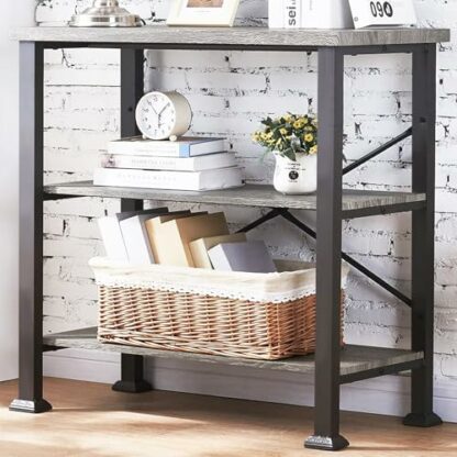 Hombazaar 3-Tier Bookshelf, Rustic Industrial Style Bookcase Furniture, Free Standing Storage Shelves for Living Room Bedroom and Kitchen, Grey Oak - Image 2