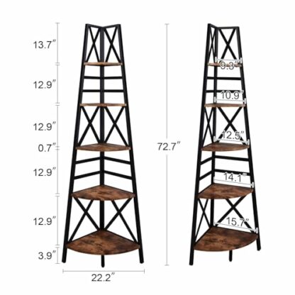 Hombazaar 5-Tier Industrial Corner Bookshelf, Vintage Wood Look Accent with Metal Frame Etagere Bookcase, Freestanding Tall Ladder Shelf Display Organizer Home Office, Rustic Brown Finish - Image 3
