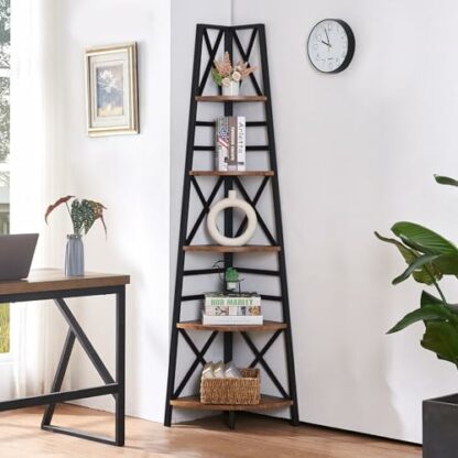 Hombazaar 5-Tier Industrial Corner Bookshelf, Vintage Wood Look Accent with Metal Frame Etagere Bookcase, Freestanding Tall Ladder Shelf Display Organizer Home Office, Rustic Brown Finish - Image 4