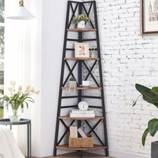 Hombazaar 5-Tier Industrial Corner Bookshelf, Vintage Wood Look Accent with Metal Frame Etagere Bookcase, Freestanding Tall Ladder Shelf Display Organizer Home Office, Rustic Brown Finish