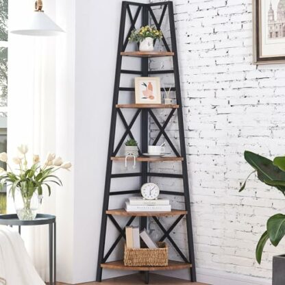 Hombazaar 5-Tier Industrial Corner Bookshelf, Vintage Wood Look Accent with Metal Frame Etagere Bookcase, Freestanding Tall Ladder Shelf Display Organizer Home Office, Rustic Brown Finish - Image 2