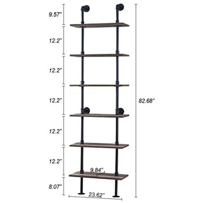 Hombazaar Industrial 6-Tier Modern Ladder Shelf Bookcase, Vintage Metal Pipes and Wood Shelves, Rustic Display Bookshelf for Storage Collection,Retro Brown - Image 3