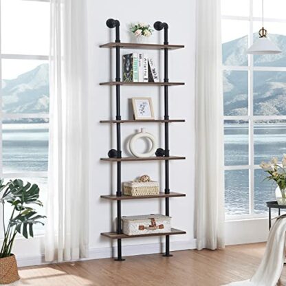 Hombazaar Industrial 6-Tier Modern Ladder Shelf Bookcase, Vintage Metal Pipes and Wood Shelves, Rustic Display Bookshelf for Storage Collection,Retro Brown - Image 4