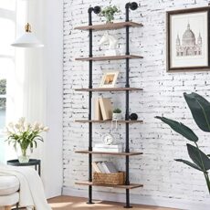 Hombazaar Industrial 6-Tier Modern Ladder Shelf Bookcase, Vintage Metal Pipes and Wood Shelves, Rustic Display Bookshelf for Storage Collection,Retro Brown