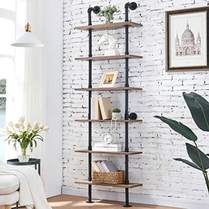 Hombazaar Industrial 6-Tier Modern Ladder Shelf Bookcase, Vintage Metal Pipes and Wood Shelves, Rustic Display Bookshelf for Storage Collection,Retro Brown - Image 2