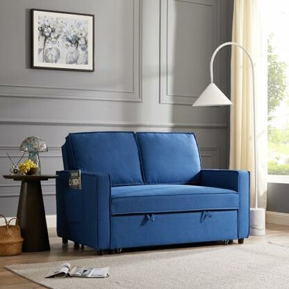 Home Detail Faux Leather Pull Out Sofa Bed Two Seater SofaBed Upholstered Settee in Linen Fabric Grey or Blue - Image 3