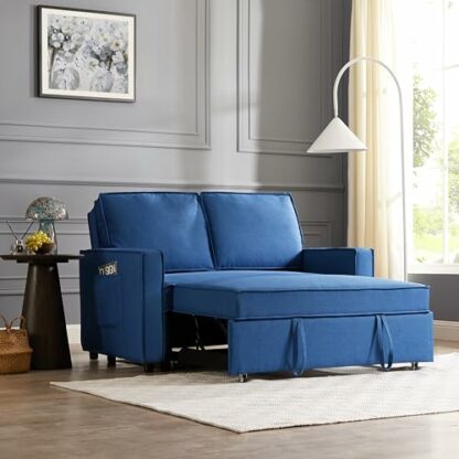 Home Detail Faux Leather Pull Out Sofa Bed Two Seater SofaBed Upholstered Settee in Linen Fabric Grey or Blue - Image 4