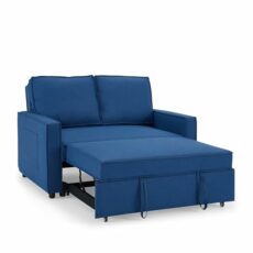 Home Detail Faux Leather Pull Out Sofa Bed Two Seater SofaBed Upholstered Settee in Linen Fabric Grey or Blue