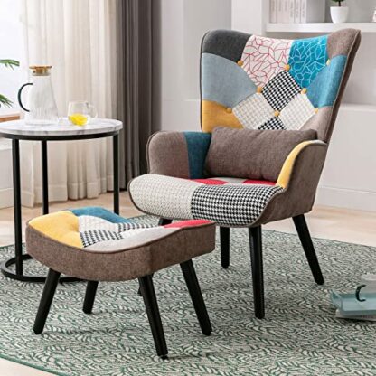 HomeMiYN Patchwork Chair,Accent Armchair with Ottoman - Image 3