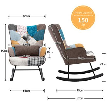 HomeMiYN Rocking Chair for Nursery Patchwork Accent Chair With Soft Lumbar and Wood Legs High Back Rocking Chairs for Balcony Living Room Bedroom - Image 3