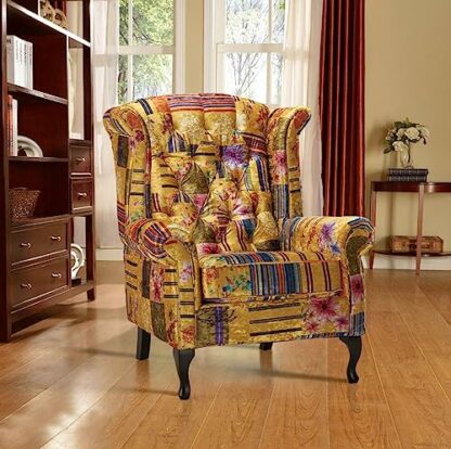 House of Velvet Gold Patchwork Fabric Wingback Chair - Chesterfield High Backed & High Seat Queen Anne Fireside Winged Chair, Accent Armchair for Living Room, Conservatory, Bedroom, Reading 3 House of Velvet Gold Patchwork Fabric Wingback Chair - Chesterfield High Backed & High Seat Queen Anne Fireside Winged Chair, Accent Armchair for Living Room, Conservatory, Bedroom, Reading - Image 3