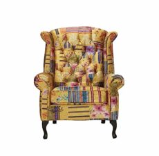 House of Velvet Gold Patchwork Fabric Wingback Chair - Chesterfield High Backed & High Seat Queen Anne Fireside Winged Chair, Accent Armchair for Living Room, Conservatory, Bedroom, Reading