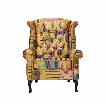 House of Velvet Gold Patchwork Fabric Wingback Chair - Chesterfield High Backed & High Seat Queen Anne Fireside Winged Chair, Accent Armchair for Living Room, Conservatory, Bedroom, Reading 2 House of Velvet Gold Patchwork Fabric Wingback Chair - Chesterfield High Backed & High Seat Queen Anne Fireside Winged Chair, Accent Armchair for Living Room, Conservatory, Bedroom, Reading - Image 2