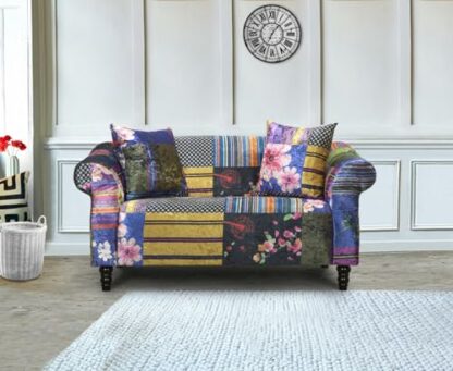 House of Velvet Vibrant Multicoloured 2 Seater Loveseat Fabric Patchwork Sofa – Comfortable Elegant Funky Living Room Couch with Striped & Floral Patterns, Solid Wood Frame & Durable Fabric - Image 3