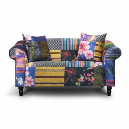 House of Velvet Vibrant Multicoloured 2 Seater Loveseat Fabric Patchwork Sofa – Comfortable Elegant Funky Living Room Couch with Striped & Floral Patterns, Solid Wood Frame & Durable Fabric - Image 2