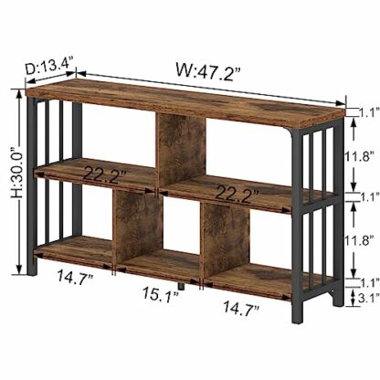 IBF Farmhouse 3 Tier Open Book Shelf, Wood and Metal 5 Cube Storage Organizer, Modern Low Horizontal Bookshelf for Bedroom Living, Long Wide Office Cubby Bookcase with Storage, Rustic Brown, 47 Inch 3 IBF Farmhouse 3 Tier Open Book Shelf, Wood and Metal 5 Cube Storage Organizer, Modern Low Horizontal Bookshelf for Bedroom Living, Long Wide Office Cubby Bookcase with Storage, Rustic Brown, 47 Inch - Image 3