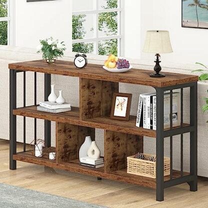 IBF Farmhouse 3 Tier Open Book Shelf, Wood and Metal 5 Cube Storage Organizer, Modern Low Horizontal Bookshelf for Bedroom Living, Long Wide Office Cubby Bookcase with Storage, Rustic Brown, 47 Inch 4 IBF Farmhouse 3 Tier Open Book Shelf, Wood and Metal 5 Cube Storage Organizer, Modern Low Horizontal Bookshelf for Bedroom Living, Long Wide Office Cubby Bookcase with Storage, Rustic Brown, 47 Inch - Image 4