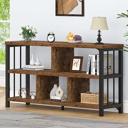 IBF Farmhouse 3 Tier Open Book Shelf, Wood and Metal 5 Cube Storage Organizer, Modern Low Horizontal Bookshelf for Bedroom Living, Long Wide Office Cubby Bookcase with Storage, Rustic Brown, 47 Inch 2 IBF Farmhouse 3 Tier Open Book Shelf, Wood and Metal 5 Cube Storage Organizer, Modern Low Horizontal Bookshelf for Bedroom Living, Long Wide Office Cubby Bookcase with Storage, Rustic Brown, 47 Inch - Image 2