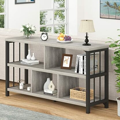 IBF Industrial Horizontal Bookshelf, Modern Low Wide Cubby Bookcase, Open 5 Cube Storage Organizer Shelf for Home Office Living, Wooden Metal Short Book Shelf Bedroom Storage, Light Grey Oak, 47 Inch 4 IBF Industrial Horizontal Bookshelf, Modern Low Wide Cubby Bookcase, Open 5 Cube Storage Organizer Shelf for Home Office Living, Wooden Metal Short Book Shelf Bedroom Storage, Light Grey Oak, 47 Inch - Image 4
