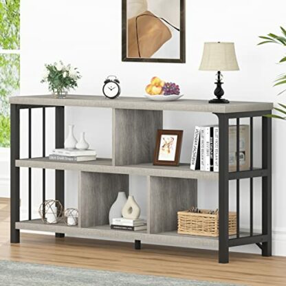 IBF Industrial Horizontal Bookshelf, Modern Low Wide Cubby Bookcase, Open 5 Cube Storage Organizer Shelf for Home Office Living, Wooden Metal Short Book Shelf Bedroom Storage, Light Grey Oak, 47 Inch 2 IBF Industrial Horizontal Bookshelf, Modern Low Wide Cubby Bookcase, Open 5 Cube Storage Organizer Shelf for Home Office Living, Wooden Metal Short Book Shelf Bedroom Storage, Light Grey Oak, 47 Inch - Image 2