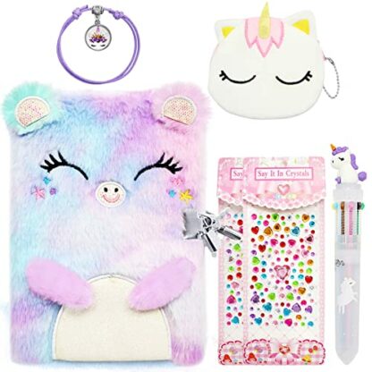 ICEBLUEOR Secret Diary with Lock for Girls, Plush Cat Journal Notebook Set with Unicorn Coin Purse/Pen/Bracelets/Crystal Heart Stickers, Cute Girls Birthday Gifts for Age at 6 7 8 9 10 Years Old 2 ICEBLUEOR Secret Diary with Lock for Girls, Plush Cat Journal Notebook Set with Unicorn Coin Purse/Pen/Bracelets/Crystal Heart Stickers, Cute Girls Birthday Gifts for Age at 6 7 8 9 10 Years Old - Image 2