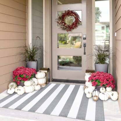 IOHOUZE Cotton and White Striped Outdoor Doormat Washable Woven Front Grey Porch Decor Black Rug Indoor Welcome Mats for Entrance Door/Farmhouse/Entryway/Home - Image 2