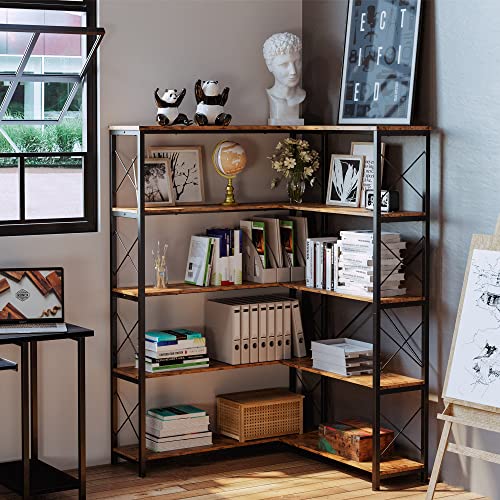 IRONCK Bookcases and Bookshelves Industrial Corner Etagere Bookcase L Shaped Shelf 5 Tier with Metal Frame for Living Room Home Office - Image 3