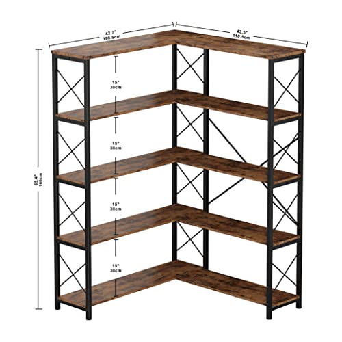 IRONCK Bookcases and Bookshelves Industrial Corner Etagere Bookcase L Shaped Shelf 5 Tier with Metal Frame for Living Room Home Office - Image 4