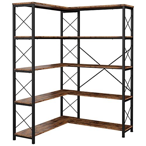 IRONCK Bookcases and Bookshelves Industrial Corner Etagere Bookcase L Shaped Shelf 5 Tier with Metal Frame for Living Room Home Office