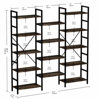 IRONCK Bookcases and Bookshelves Triple Wide 5 Tiers Industrial Bookshelf, Large Etagere Bookshelf Open Display Shelves with Metal Frame for Living Room Bedroom Home Office (Industrial Brown) - Image 4