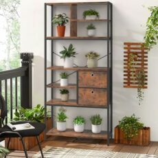 Idybland Bookshelf,9-Tier Industrial Stable Bookcase,Wooden Storage Shelf and Metal Frame Standing Shelf,Display Storage Rack Shelving Units for Living Room, Home Office - Rustic Brown and Black