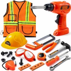 JOYIN 19Pcs Kids Tool Set, Pretend Play Toddler Tool Toys with Construction Worker Hat Costume & Electronic Toy Drill for Boy Girl Halloween Christmas Birthday Dress Up Party