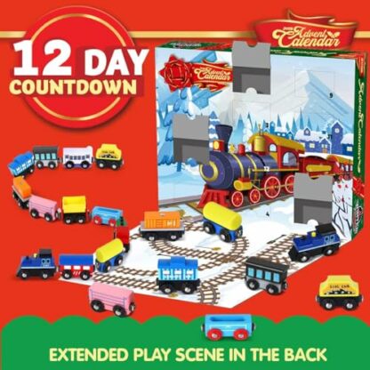 JOYIN 2024 Christmas Advent Calendar 12 Days Countdown Calendar with 12 Pcs Wooden Train Cars Magnetic Train Sets for Boys Kids Party Favors, Classroom Prizes - Image 3