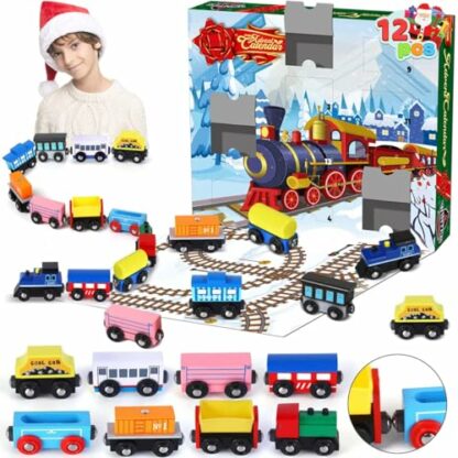 JOYIN 2024 Christmas Advent Calendar 12 Days Countdown Calendar with 12 Pcs Wooden Train Cars Magnetic Train Sets for Boys Kids Party Favors, Classroom Prizes - Image 2