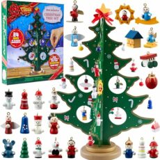 JOYIN Christmas 24 Days Countdown Advent Calendar with a Tabletop Wooden Christmas Tree and 28 Ornaments Snowman Santa Decorations for Boys, Girls and Kids Party Favors Gift