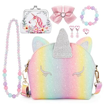 JYPS Unicorn Purse for Little Girls, 7Pcs Cute Kids Purse Crossbody Bags with Kids Dress Up Jewelry Set Pretend Play Accessories, Birthday Presents Unicorn Gifts Toy for Girl, Toddler 2 JYPS Unicorn Purse for Little Girls, 7Pcs Cute Kids Purse Crossbody Bags with Kids Dress Up Jewelry Set Pretend Play Accessories, Birthday Presents Unicorn Gifts Toy for Girl, Toddler - Image 2