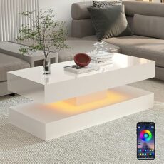 JaHECOME Coffee Tables for Living Room White Tea Side End Table with 16 Colors LED Lights Rectangle Console Centre High Gloss Wooden Sideboard Modern Office Furniture