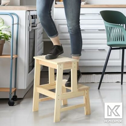 KADAX Wooden Stool, Footstool Made of Natural Unfinished Pine Wood, Footrest in 3 Different Models, Bar Stool, Step Stool, Stool, Wooden Stool - Image 3