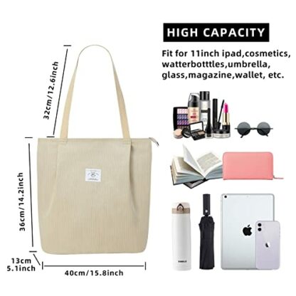 KALIDI Waterproof Corduroy Tote Bag with Zipper Casual Hobo Shoulder Bag Handbag Large Capacity Cord Tote Bag Women Shopping Bag for School Work College Daily Use 3 KALIDI Waterproof Corduroy Tote Bag with Zipper Casual Hobo Shoulder Bag Handbag Large Capacity Cord Tote Bag Women Shopping Bag for School Work College Daily Use - Image 3
