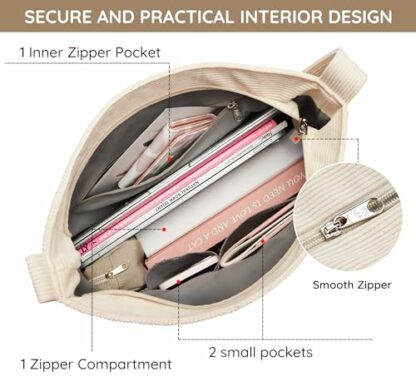 KALIDI Women's Thickened Corduroy Tote Bag with Zip Waterproof Shoulder Bag with Pockets Casual Crossbody Handbags with Adjustable Shoulder Straps for School, College, Work - Image 4