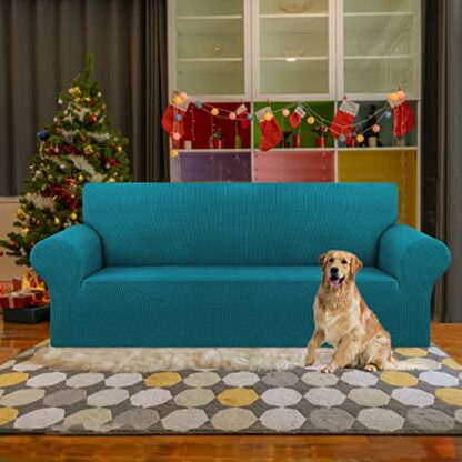 KEKUOU Stretch Sofa Cover Slipcover ，Couch Covers for 3 Cushion Couch Sofa (79"-94") Furniture Protector 3 Seater Sofa with Elastic Bottom for Kids,Dog, Jacquard Small Checked(Large,Peacock Blue) - Image 3