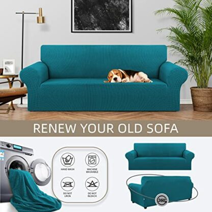 KEKUOU Stretch Sofa Cover Slipcover ，Couch Covers for 3 Cushion Couch Sofa (79"-94") Furniture Protector 3 Seater Sofa with Elastic Bottom for Kids,Dog, Jacquard Small Checked(Large,Peacock Blue) - Image 4