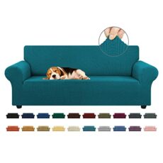 KEKUOU Stretch Sofa Cover Slipcover ，Couch Covers for 3 Cushion Couch Sofa (79"-94") Furniture Protector 3 Seater Sofa with Elastic Bottom for Kids,Dog, Jacquard Small Checked(Large,Peacock Blue)