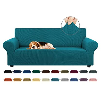 KEKUOU Stretch Sofa Cover Slipcover ，Couch Covers for 3 Cushion Couch Sofa (79"-94") Furniture Protector 3 Seater Sofa with Elastic Bottom for Kids,Dog, Jacquard Small Checked(Large,Peacock Blue) - Image 2