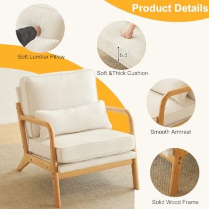 Karl home Accent Chair Mid-Century Modern Chair with Pillow Upholstered Lounge Arm Chair with Solid Wood Frame & Soft Cushion for Living Room, Bedroom, Belcony, Beige & Natural - Image 4