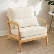 Karl home Accent Chair Mid-Century Modern Chair with Pillow Upholstered Lounge Arm Chair with Solid Wood Frame & Soft Cushion for Living Room, Bedroom, Belcony, Beige & Natural