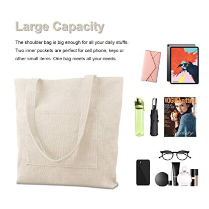 Kememo Corduroy Tote Bag with Zip, Shoulder Bag Women's Hobos Handbags Large Capacity Shopping Bag with Inner Pocket - Image 3