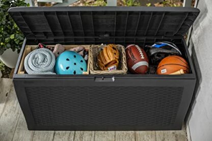 Keter Storage Box, Cushion Box, Rattan Look, 270 L, Storage Box for Garden, Indoor, Outdoor, 117 x 45 x 57 cm, Garden Box with Lid, Handles, Weatherproof, Plastic Garden Chest (Anthracite) 4 Keter Storage Box, Cushion Box, Rattan Look, 270 L, Storage Box for Garden, Indoor, Outdoor, 117 x 45 x 57 cm, Garden Box with Lid, Handles, Weatherproof, Plastic Garden Chest (Anthracite) - Image 4