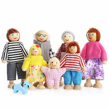 Kids Girls Lovely Happy Family Dolls Playset Wooden Figures Set of 7 People for Children Doll house Pretend Gift - Image 2