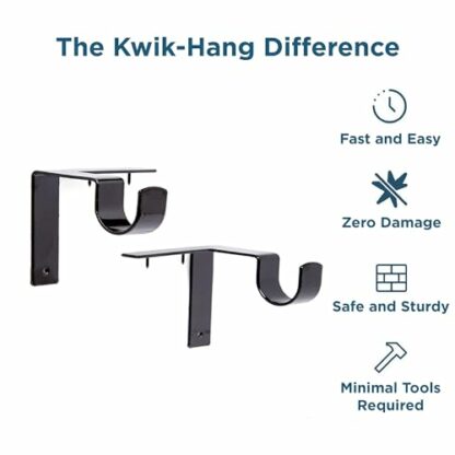 Kwik-Hang Single Curtain Rod Brackets – No Drill, No Damage – Perfect Curtains Every Time – 1” Black - Image 3